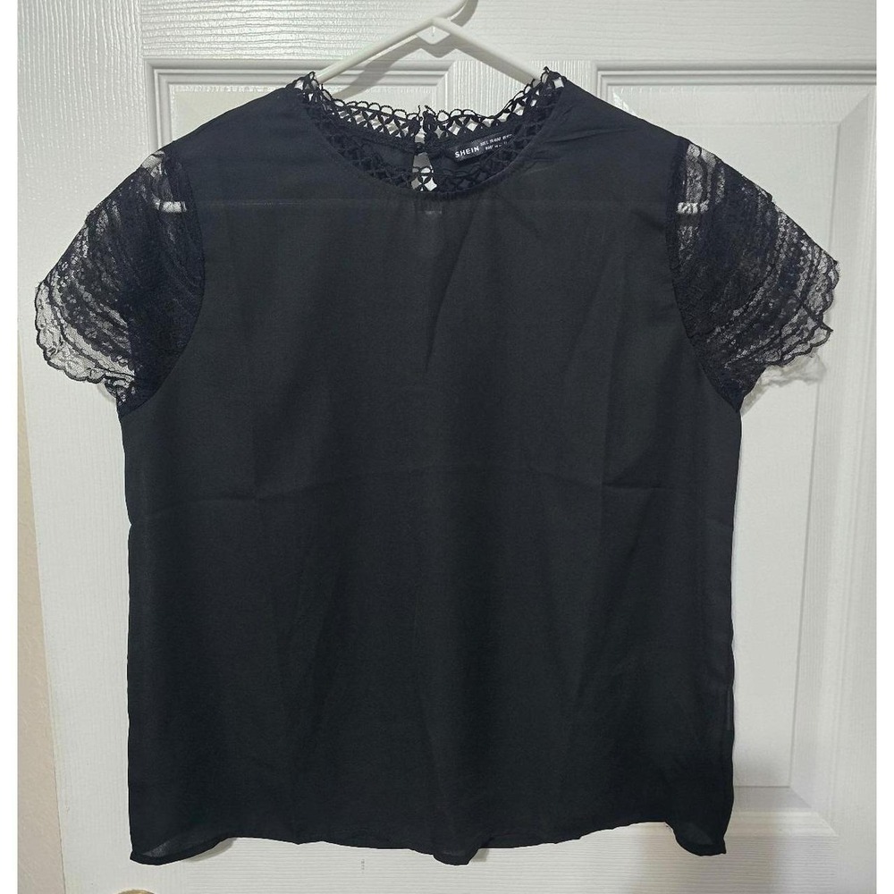 SHEIN Black Lace Mock Neck Blouse – Elegant Short Sleeve Top Size L